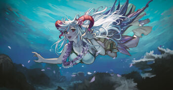 1girl barefoot bikini breasts commentary_request fire_emblem fire_emblem_heroes flower flower_necklace freediving freyja_(fire_emblem) freyja_(summer)_(fire_emblem) goat_horns highres horns imageprogram_(kent) jewelry large_breasts long_hair looking_at_viewer necklace nintendo ocean official_alternate_costume open_mouth red_eyes revision solo swimming swimsuit teeth underwater upper_teeth_only white_bikini white_hair