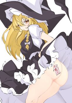 1girl absurdres ass black_dress blonde_hair blush braid breasts clothes_lift dress dress_lift hat highres kirisame_marisa large_breasts long_hair looking_at_viewer no_panties ofuda ofuda_on_ass pinafore_dress shirt short_sleeves simple_background sleeveless sleeveless_dress smile solo touhou unanooo_(fthx7532) white_background white_shirt witch_hat yellow_eyes
