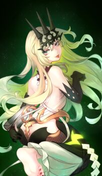 1girl :p absurdres asymmetrical_gloves back bare_shoulders black_dress black_gloves black_nails closed_mouth commentary_request crown dress gloves green_background green_eyes green_hair highres honkai_(series) honkai_impact_3rd hulai_de_gou_sheng long_hair looking_at_viewer looking_back mismatched_gloves mobius_(honkai_impact) nail_polish revision slit_pupils smile soles solo toes tongue tongue_out wavy_hair