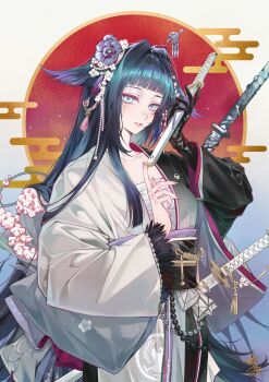 1girl absurdres arknights beads black_gloves black_hair black_kimono blue_eyes blunt_bangs blunt_ends chest_sarashi collarbone commentary cowboy_shot egasumi fingernails flower gloves hair_flower hair_intakes hair_ornament hair_stick hair_wings hashtag-only_commentary highres holding holding_sword holding_weapon japanese_clothes kimono long_hair long_sidelocks long_sleeves looking_at_viewer mio_(arknights) obiage obijime parted_lips pink_flower sagi_(sagi_0116) sarashi short_sword sidelocks signature single_glove solo sparkle split-color_clothes sword untranslatable_commentary two-tone_kimono very_long_sidelocks wakizashi weapon white_kimono