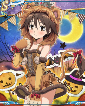 1girl bat_(animal) blush brown_eyes brown_hair crown feet_out_of_frame halloween halloween_costume jack-o&#039;-lantern miyafuji_yoshika moon outdoors pumpkin short_hair smile solo standing star_(sky) strike_witches tree world_witches_series