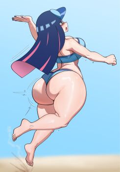 1girl arm_up ass back beach beach_volleyball bikini blue_bikini blue_eyes blue_hair blue_nails blue_visor breasts cleavage from_behind huge_ass jumping large_breasts long_hair midair multicolored_hair open_mouth outdoors panty_&amp;_stocking_with_garterbelt pink_hair sky solo sportswear stocking_(psg) swimsuit thick_thighs thighs visor_cap volleyball_uniform wide_hips ytrall