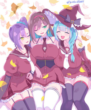 3girls :d ^_^ aqua_hair aqua_scrunchie arm_at_side assault_lily asymmetrical_docking bare_shoulders belt belt_buckle black_belt black_bow black_thighhighs blunt_bangs blush bow braid breast_press breasts brown_hair brown_hat brown_necktie brown_sailor_collar buckle closed_eyes collarbone colored_inner_hair cross-laced_clothes cross-laced_sleeves detached_collar detached_sleeves dress earrings feet_out_of_frame frilled_dress frilled_hat frilled_skirt frills girl_sandwich green_eyes hair_behind_ear hair_between_eyes hair_ornament hair_over_shoulder hair_scrunchie hairband halter_dress halterneck hashtag-only_commentary hat hat_bow high-waist_skirt high_ponytail high_side_ponytail honma_akehi invisible_chair ishizuka_fujino jewelry kanba_girls_high_school_uniform large_breasts layered_sleeves leaf leaf_background long_hair long_sleeves looking_at_another looking_at_viewer mila_(yuta27315) miniskirt multicolored_hair multiple_girls necktie one_eye_closed open_mouth parted_lips pink_hairband ponytail puffy_short_sleeves puffy_sleeves purple_hair red_belt sailor_collar sandwiched school_uniform scrunchie serafuku short_necktie short_sleeves shoulder_tattoo side-by-side side_braid single_braid sitting skirt sleeve_bow smile tattoo thigh_belt thigh_strap thighhighs tozaki_moka twitter_username two-tone_hair underbust white_background white_necktie white_thighhighs witch_hat yellow_eyes zettai_ryouiki