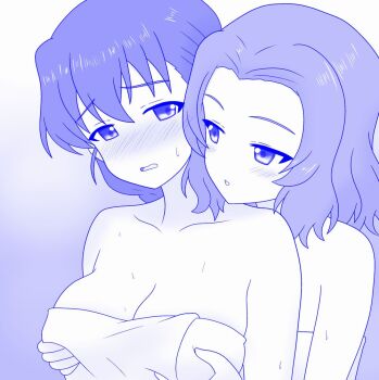2girls blush breasts girls_und_panzer grabbing_another&#039;s_breast grabbing_from_behind groping large_breasts looking_at_another monochrome multiple_girls open_mouth rosehip_(girls_und_panzer) rukuriri_(girls_und_panzer) shira14 sweat upper_body yuri