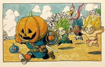 4boys backpack bag bird black_leotard blue_tunic boots bow bowtie brown_boots cloud commentary_request crossdressing crossdressing_(mtf) dark-skinned_male dark_skin dragon_quest dragon_quest_builders_2 gloves green_shirt grey_pantyhose highres holding holding_shield jack-o'-lantern lee_(dragon_garou) leotard loincloth male_builder_(dqb2) male_focus marker_(medium) mask multiple_boys outstretched_arms pantyhose pouch red_bow red_bowtie running shield shirt slime_(dragon_quest) strapless strapless_leotard sword topless_male traditional_media tunic vulture weapon yellow_gloves