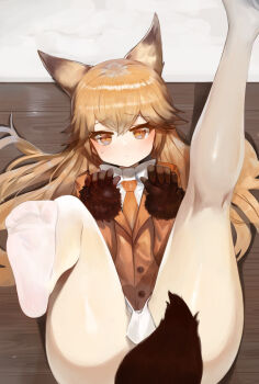 1girl animal_ears blush brown_eyes brown_gloves brown_hair brown_jacket dokomon ezo_red_fox_(kemono_friends) feet fox_ears fox_girl fox_tail gloves jacket kemono_friends kneepits long_hair necktie pantyhose skirt solo sweatdrop tail tail_censor thighs white_pantyhose white_skirt