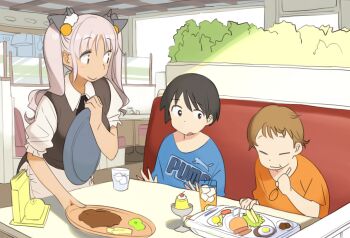 Rule 34 | 1girl, 2boys, :t, apron, black dress, black ribbon, blue shirt, blush, brown hair, closed eyes, closed mouth, collared shirt, cup, day, dress, drink, drinking glass, food, frilled apron, frills, hair between eyes, holding, holding spoon, holding tray, ice, ice cube, indoors, kasa list, long hair, multiple boys, neck ribbon, nijisanji, okosama lunch, orange shirt, parted lips, plant, pudding, puffy short sleeves, puffy sleeves, restaurant, ribbon, shirt, short sleeves, sitting, sleeveless, sleeveless dress, slice of life, smile, spoon, sunlight, table, todoroki kyouko, tray, twintails, uniform, virtual youtuber, waist apron, waitress, wavy mouth, white apron, white shirt, window