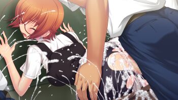 Rule 34 | 1boy, 1girl, against wall, ahoge, ass, bent over, bike shorts, black vest, blue pants, blush, breasts, brown hair, bukkake, censored, closed eyes, clothed sex, clothes lift, clothing aside, cum, cum in pussy, cum on ass, cum on body, cum on clothes, cum on hair, doggystyle, dress, ejaculation, excessive cum, facial, game cg, genseishinki sacred virth, glasses, hair between eyes, hetero, horikoshi hinano, large variant set, mosaic censoring, multiple boys, non-web source, official art, open mouth, orgasm, panties, panties aside, pants, pantyhose, penis, pinafore dress, red-framed eyewear, sex, sex from behind, shirt, short hair, short sleeves, shorts, skirt, sleeveless, sleeveless dress, solo focus, standing, standing sex, torn clothes, torn pantyhose, torn shorts, torso grab, underwear, vaginal, variant set, vest, white panties, white shirt, yuugure pairo