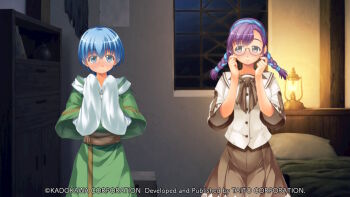 1boy 1girl asymmetrical_bangs atelier-moo averting_eyes bed blue_hair blush braid breasts brown_ribbon brown_skirt cheryl_christia chest_of_drawers christpher_cross clenched_hands closed_mouth company_name copyright_notice cowboy_shot embarrassed game_cg glasses green_robe grey_eyes hair_between_eyes hairband hands_up hooded_robe indoors lamp large_variant_set layered_sleeves long_hair long_sleeves looking_to_the_side loose_clothes low_twin_braids medium_breasts night non-web_source official_art oversized_clothes pillow purple_hair ribbon robe sash school_uniform shirt short_hair short_over_long_sleeves short_sleeves side-by-side skirt sleeves_past_fingers sleeves_past_wrists standing tareme twin_braids variant_set white_shirt window yuukyuu_gensoukyoku yuukyuu_gensoukyoku_revival