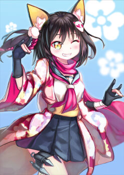 1girl blue_archive blue_background fox_tail highres izuna_(blue_archive) looking_at_viewer one_eye_closed school_uniform serafuku solo tail tsuuburi