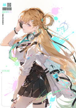 1girl absurdres aqua_necktie arm_up black_nails black_skirt blonde_hair breasts character_name chinese_commentary commentary_request cowboy_shot from_side hair_ornament headphones headphones_around_neck highres jacket long_hair looking_at_viewer looking_to_the_side lynae_(wuthering_waves) medium_breasts nail_polish necktie parted_lips purple_eyes shirt shirt_tucked_in sideways_glance skirt skull_hair_ornament solo tacet_mark_(wuthering_waves) thighs very_long_hair white_jacket white_shirt wuthering_waves zhanzhan_lan