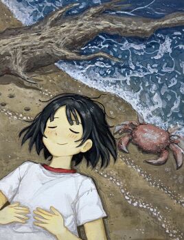1girl animal beach black_hair closed_eyes commentary crab english_commentary highres kara_mi_so lying medium_hair on_back on_ground original shirt smile solo water white_shirt
