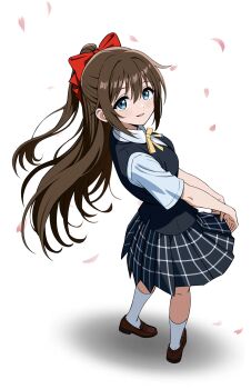 1girl absurdres black_skirt black_sweater_vest blue_eyes blue_shirt blush bow brown_hair cherry_blossoms collared_shirt hair_between_eyes hair_bow highres long_hair love_live! love_live!_nijigasaki_high_school_idol_club nijigasaki_school_uniform open_mouth osaka_shizuku pleated_skirt ponytail red_bow school_uniform shadow shirt short_sleeves sidelocks simple_background skirt smile socks solo standing sweater_vest white_background white_socks zaofeng