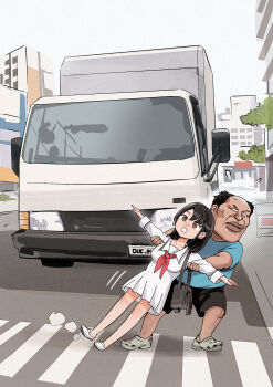 1boy 1girl absurdres age_difference artist_name bag bald balding black_hair black_shorts blue_shirt brown_eyes commentary crocs crosswalk dragging duc_94 english_commentary highres motion_lines motor_vehicle neckerchief old old_man original red_neckerchief sailor_collar school_uniform serafuku shirt shoes shorts shoulder_bag skirt sweat t-pose time_stop truck ugly_bastard white_sailor_collar white_serafuku white_shoes white_skirt