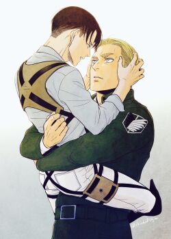 Rule 34 | 2boys, belt, belt buckle, black belt, black boots, blonde hair, blue eyes, boots, brown eyes, brown hair, buckle, collared jacket, commentary request, erwin smith, eye contact, hands on another's face, highres, ikichi8tkjn, jacket, levi (shingeki no kyojin), long sleeves, looking at another, male focus, multiple boys, shingeki no kyojin, sideburns, sleeve cuffs, standing, survey corps (emblem), twitter username, white background, yaoi