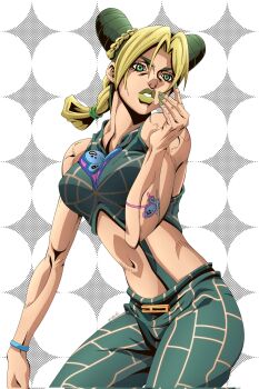 1girl anime_coloring araki_hirohiko_(style) arm_tattoo blonde_hair braid braided_bun breasts bug butterfly_tattoo commentary cone_hair_bun crop_top double_bun english_commentary green_eyes green_hair green_lips green_nails green_pants green_shirt hair_bun heart_ornament highres jojo_no_kimyou_na_bouken kuujou_jolyne makeup medium_breasts midriff multicolored_hair navel official_style pants shirt shrimpify131 single_braid solo spider_web_print steel_ball_run stone_ocean tattoo two-tone_hair