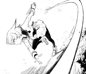 Rule 34 | 1girl, attack trail, blood, commentary request, fighting stance, full body, greyscale, highres, holding, holding knife, indou yukine, knife, monochrome, motion blur, pantyhose, pouch, sakifox, school uniform, scum of the brave, serafuku, shoes, short hair, skirt, slashing, slicing, solo, white background