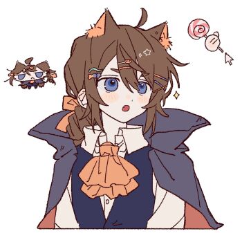 1boy :o ahoge alternate_costume androgynous animal_ear_fluff animal_ears ascot black_cape blue_eyes blue_vest bow brown_hair cape cat_ears chibi cropped_torso drill_hair drill_ponytail edgar_valden fang hair_bow hair_ornament hairpin halloween highres identity_v looking_ahead male_focus multiple_hairpins orange_ascot orange_bow portrait shirt short_eyebrows sidelocks solo striped_blush trap u0el_t vest white_background white_shirt