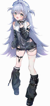 Rule 34 | 1girl, alternate costume, blue hair, bone hair ornament, c10h14n2, fang, flipped hair, frills, full body, hair bobbles, hair ornament, hairclip, hashtag-only commentary, highres, leg warmers, long hair, looking at viewer, maid headdress, multicolored eyes, platform shoes, shirt, shoes, simple background, single thighhigh, skin fang, skindentation, smile, solo, thigh strap, thighhighs, torn clothes, torn shirt, torn thighhighs, two-tone eyes, two side up, v, very long hair, virtual youtuber, vspo!, white background, yano kuromu