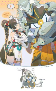 ! 12mo34mo56 1boy 1girl ? afterimage aqua_nails banyue_(zenless_zone_zero) bare_shoulders black_hair black_shoes braid braided_twintails china_dress chinese_clothes clothed_robot clothes_around_waist colored_speech_bubble commentary_request copyright_name detached_sleeves dialyn_(zenless_zone_zero) dress grey_hair grey_tail hair_extensions highres humanoid_robot leaning_to_the_side long_hair looking_at_another mechanical_tail motion_lines multicolored_hair necktie red_nails ring_hair_extensions robot robot_boy shoes speech_bubble split-color_hair spoken_exclamation_mark spoken_question_mark squatting tail thighhighs twitter_username white_background white_dress white_hair white_thighhighs yellow_eyes yellow_necktie zenless_zone_zero