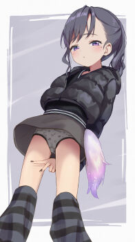 1girl between_legs black_jacket black_nails black_shirt black_skirt black_socks blush border dot_nose from_below grey_background grey_hair grey_panties hand_between_own_legs highres hood hood_down hooded_jacket jacket legs_apart loli long_hair long_sleeves looking_at_viewer miniskirt mole mole_under_eye original panties purple_eyes ren-da-min shirt skirt socks solo standing striped_clothes striped_socks underwear upskirt v white_border