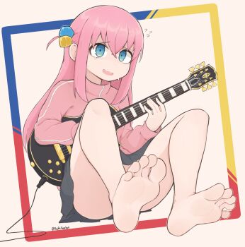 1girl artist_name bare_legs barefoot blue_eyes bocchi_the_rock! cable cube_hair_ornament electric_guitar feet flying_sweatdrops gotoh_hitori guitar hair_ornament highres holding holding_instrument instrument jacket knees_up long_hair open_mouth outside_border pink_hair pink_jacket pleated_skirt sidelocks simple_background skirt smile softhanten soles solo spread_toes sweat thighs toes track_jacket twitter_username