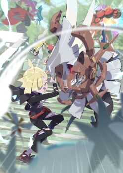1boy 2girls ahoge black_pants black_shirt blonde_hair buzzwole day e_volution emphasis_lines fanny_pack gen_1_pokemon gen_5_pokemon gen_7_pokemon gladion_(pokemon) golbat green_eyes hand_up highres hood hood_down hooded_vest hoodie kartana legendary_pokemon lillie_(pokemon) multiple_girls nintendo outdoors pants pokemon pokemon_(creature) pokemon_sm red_bag red_shoes selene_(pokemon) shirt shoes short_hair silvally stairs torn_clothes torn_pants torn_shirt ultra_beast vest watermark zoroark