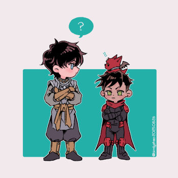 2boys artist_name batman_(series) belt birdyzhao_re black_hair blue_eyes bodysuit boots brothers cape child damian_wayne dc_comics gloves green_eyes grey_bodysuit highres jason_todd male_focus multicolored_bodysuit multiple_boys pants red_hood_and_the_outlaws short_hair siblings simple_background two-tone_bodysuit