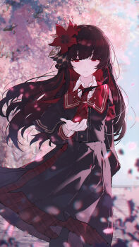 1girl black_hair black_pantyhose black_shirt black_skirt blush center_frills cherry_blossoms colored_inner_hair commentary flower frills hair_flower hair_ornament highres long_hair mahou_shoujo_no_majo_saiban multicolored_hair necktie nikaido_hiro outdoors pantyhose parted_lips petals red_eyes red_flower red_hair red_necktie shirt skirt solo standing white_shirt yun_cao_bing