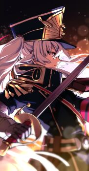 1girl absurdres altair_(re:creators) black_coat black_hat coat commentary_request from_side grey_hair hat high_collar highres holding holding_sword holding_weapon long_hair military_uniform parted_lips re:creators red_eyes shako_cap solo srt_rice_ball sword twintails upper_body weapon