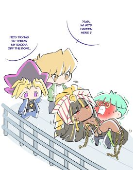 1girl 3boys black_dress black_hair black_shirt blonde_hair blue_jacket breasts chain chibi cleavage commentary dark-skinned_female dark_skin dress duel_monster english_commentary english_text exodia_the_forbidden_one genderswap genderswap_(mtf) green_hair green_jacket highres insector_haga jacket jonouchi_katsuya long_hair medium_hair millennium_puzzle multicolored_hair multiple_boys muto_yugi purple_eyes purple_hair shirt speech_bubble spiked_hair strapless strapless_dress very_long_hair yu-gi-oh! yu-gi-oh!_duel_monsters zackpyo