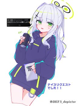 0623_depictor 1girl blue_archive blue_hoodie can green_eyes green_halo grey_hair halo hare_(blue_archive) highres holding holding_can holding_tablet_pc hood hoodie long_hair looking_at_viewer solo tablet_pc thighs white_background