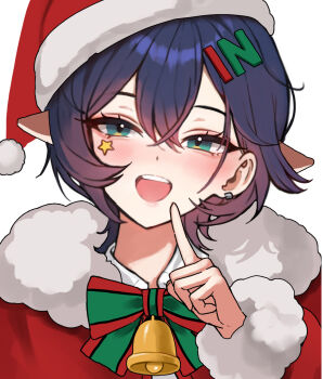 1girl bell belle_(zenless_zone_zero) blue_hair bow bowtie comiket_107 commentary_request facial_mark green_eyes hair_ornament hat highres letter_hair_ornament looking_at_viewer neck_bell open_mouth red_hat santa_costume santa_hat short_hair simple_background solo star_(symbol) star_facial_mark two-tone_bow two-tone_bowtie upper_body white_background yuna_(deadawon) zenless_zone_zero