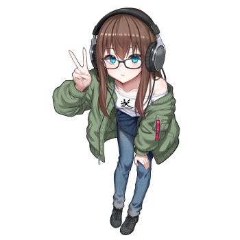 1girl black-framed_eyewear blue_eyes breasts brown_hair denim glasses green_jacket headphones highres jacket jeans leaning_forward long_hair looking_at_viewer okuri_banto open_clothes open_jacket original pants small_breasts solo v white_background