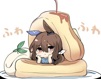 1girl :t admire_vega_(umamusume) blue_sweater breasts brown_hair closed_mouth food hair_between_eyes hair_ribbon highres in_food kawamochi_(kawauti919) looking_at_viewer low_ponytail medium_breasts pancake plate ponytail red_eyes ribbed_sweater ribbon short_sleeves simple_background solo sweater translation_request umamusume white_background white_ribbon