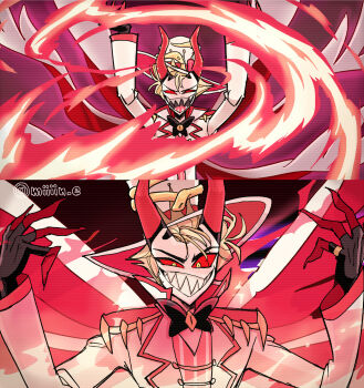 1boy angel angel_wings blonde_hair commentary_request demon_boy demon_horns formal_clothes hair_slicked_back hashtag-only_commentary hazbin_hotel hellaverse highres horns lucifer_morningstar_(hazbin_hotel) male_focus nurui_(namanu_ru) sharp_teeth slit_pupils solo suit teeth wings