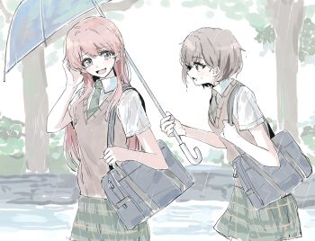2girls animal_ears bag bang_dream! bang_dream!_it's_mygo!!!!! blue_bag blush brown_eyes brown_sweater_vest chihaya_anon commentary_request diagonal-striped_clothes diagonal-striped_necktie fang green_necktie green_skirt grey_eyes grey_hair haneoka_school_uniform highres holding holding_umbrella long_hair multiple_girls necktie open_mouth pink_hair plaid_clothes plaid_skirt rain school_bag school_uniform shirt short_hair short_sleeves shoulder_bag skirt striped_clothes suudori sweatdrop sweater_vest takamatsu_tomori umbrella wet white_shirt