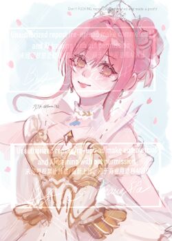 Rule 34 | 1girl, absurdres, armor, artist name, bare shoulders, blue background, border, breastplate, brown eyes, choker, closed mouth, collarbone, commentary, cowboy shot, detached sleeves, dress, earrings, english commentary, eyelashes, frilled choker, frills, gold earrings, hair between eyes, hair bun, hair intakes, happy, highres, infinity nikki, jewelry, light blush, lipstick, looking at viewer, makeup, melody bloom (infinity nikki), nikki (nikki), nikki (series), outside border, petals, pink hair, pink lips, pleated dress, preana, see-through clothes, see-through sleeves, short hair with long locks, short sleeves, sidelocks, single hair bun, sleeveless, sleeveless dress, smile, solo, tiara, too many watermarks, watermark, white arm warmers, white border, white choker, white dress, white sleeves