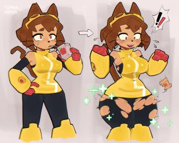 ! !! 1girl absurdres animal_ears arrow_(symbol) artist_name black_bodysuit blush bodysuit breast_expansion breasts brown_hair cat_ears cat_girl cat_tail commentary dark-skinned_female dark_skin dress drink_carton english_commentary furry furry_female gameoverse gauntlets goggles goggles_on_head hand_on_own_hip healing highres juice_box kit_bodega large_breasts multiple_views plus_sign red_eyes short_hair sweat tail thick_thighs thighs thighs_expansion tonka_kryga torn_bodysuit torn_clothes whiskers wide_hips yellow_dress yellow_gauntlets