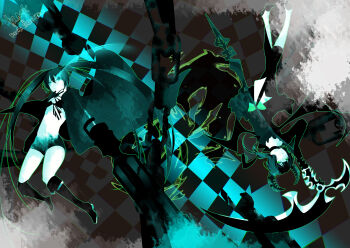 2girls absurdres bikini black_coat black_dress black_hair black_leggings black_rock_shooter black_rock_shooter_(character) black_shorts boots coat dead_master dress front-tie_bikini_top front-tie_top highres holding holding_scythe horns leggings long_hair medium_hair multiple_girls open_clothes open_coat pale_skin qpllo_(mochi) scythe shorts skeletal_wings swimsuit twintails uneven_twintails upside-down wings