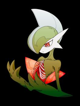 1other arm_blade black_background blood body_horror colored_skin deep_wound expressionless facing_to_the_side gallade gen_4_pokemon green_hair green_skin heart high_contrast highres injury looking_at_hands looking_at_self looking_down mohawk multicolored_skin nintendo pokemon pokemon_(creature) pokemon_focus red_eyes ribs see-through_body solo two-tone_skin umi-be-to upper_body weapon