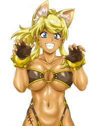 Rule 34 | 1girl, absurdres, animal ear fluff, animal ears, bare shoulders, belt bra, blonde hair, blue eyes, breasts, brown gloves, claw pose, collarbone, commentary request, dark-skinned female, dark skin, extra ears, facial mark, fingerless gloves, fingernails, gloves, grin, hands up, highres, large breasts, liru, long hair, looking at viewer, manabe jouji, navel, o-ring, o-ring bottom, o-ring top, ponytail, renkin san-kyuu magical pokaan, scar on hip, sharp teeth, simple background, smile, solo, stomach, teeth, underboob, upper body, whisker markings, white background, wolf ears, wolf girl