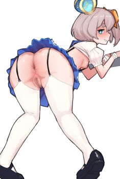 1girl absurdres anus ass ass_focus bent_over black_shoes blonde_hair blue_crown blue_eyes blue_sailor_collar blue_skirt bow breasts censored crown fish gixarart hair_bow highres looking_back marimari_(vtuber) mini_crown orange_bow phase_connect pussy sailor_collar shoes short_hair side_ponytail skirt small_breasts thighhighs thighs virtual_youtuber white_background