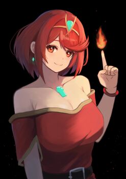 1girl armpit_crease bare_shoulders belt black_hair bracelet breasts cleavage closed_mouth eyelashes fire hand_up highres jewelry labebebe_lee large_breasts medium_hair off-shoulder_shirt off_shoulder official_alternate_costume pointing pointing_up pyra_(xenoblade) pyrokinesis red_eyes red_hair shirt short_sleeves simple_background smile solo swept_bangs tiara upper_body xenoblade_chronicles_(series) xenoblade_chronicles_2