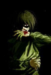 1other biting biting_own_hand black_background blood blood_on_face blood_on_hands brown_hair dark deltarune highres injury kris_(deltarune) looking_at_viewer one_eye_covered other_focus red_eyes shaded_face short_hair solo sweatdrop teeth u0u_zzz upper_body utdr_(toby_fox)