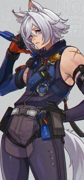 Rule 34 | 1boy, absurdres, animal ear fluff, animal ears, border, cat boy, cat ears, cat tail, closed mouth, colored tips, commentary request, cowboy shot, crossed bangs, grey background, grey pants, hair between eyes, hand on own hip, highres, holding, holding weapon, male focus, multicolored hair, over shoulder, pants, police, police badge, police uniform, policeman, purple eyes, pyms11zzz, scar, scar on shoulder, seth lowell, short hair, solo, tail, walkie-talkie, weapon, weapon over shoulder, white border, white hair, zenless zone zero