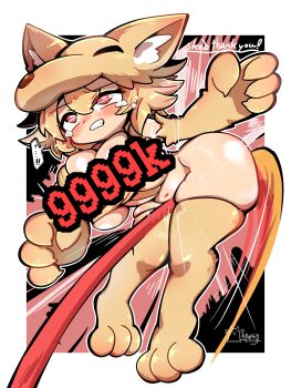 1girl absurdres animal_feet animal_hands blush bottomless bra breasts clenched_teeth commentary_request commission criss-cross_halter cunt_busting damage_numbers fox_girl fox_hat fox_tail full_body halterneck highres large_breasts moonlight_flower navel nipple_slip nipples pain ragnarok_online red_eyes ryona second-party_source short_hair skeb_commission solo staff tail tearing_up teeth uma_sow underwear upturned_eyes yellow_bra