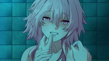 alien_stage blue_eyes commentary english_commentary hand_on_another&#039;s_chin hand_on_another&#039;s_shoulder highres holding_another&#039;s_wrist honkai:_star_rail honkai_(series) march_7th_(honkai:_star_rail) multicolored_eyes pink_eyes pink_hair rozu_(under_a1ias) signature smile tile_wall tiles two-tone_eyes