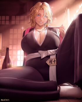 1girl 3d badge bleach bleach:_sennen_kessen-hen blonde_hair blue_eyes breasts chain chain_necklace female_focus fukutaichou_badge indoors japanese_clothes jewelry large_breasts lips looking_at_viewer matsumoto_rangiku medium_hair mika_dawn mole mole_under_mouth necklace pink_shawl shawl shihakusho sparkle teeth