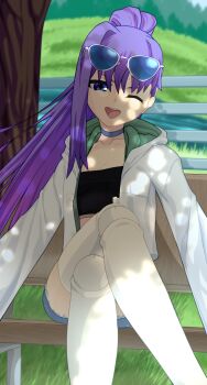 1girl absurdres bench black_tube_top blue_eyes blue_ribbon breasts choker crossed_legs darkkin eyewear_on_head fate/grand_order fate_(series) hair_ribbon high_ponytail highres hood hooded_jacket jacket long_hair long_sleeves looking_at_viewer meltryllis_(fate) one_eye_closed open_mouth ponytail prosthesis prosthetic_leg purple_hair ribbon sitting small_breasts smile solo strapless sunglasses thighs tree tube_top very_long_hair white_jacket